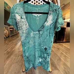 Vintage Y2K Affliction Women's Teal/Silver Graphic V-Neck Top